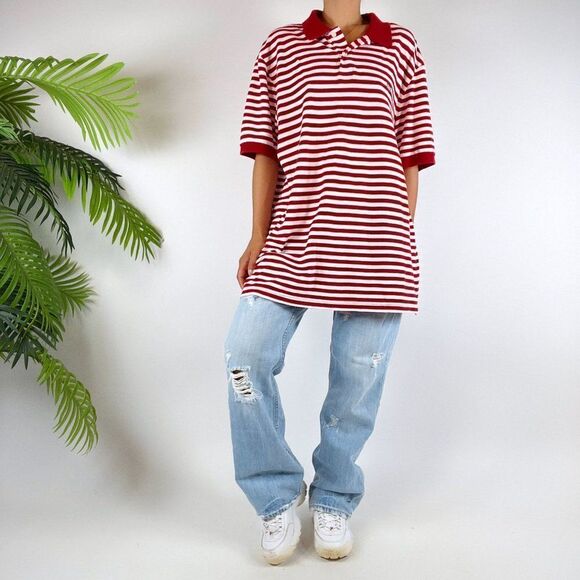 Vintage 90s Indie Grunge Red Striped Short Sleeve Oversized Polo Shirt / Sz: XL - Picture 5 of 6